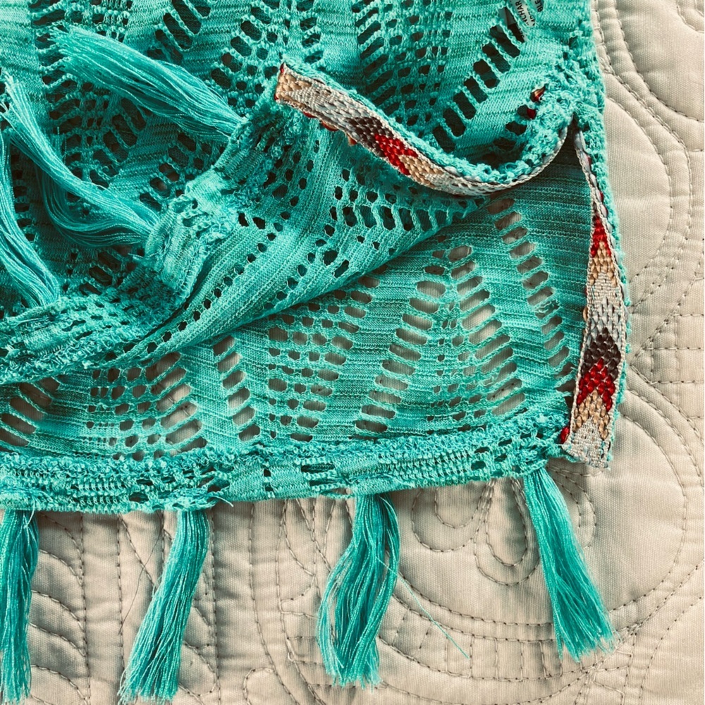 Prana Seabrooke‎ Tunic Swimwear Fringe Mesh Cover Up Caftan Aqua Teal (Size S) - Picture 8 of 13